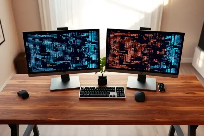 Render 3D de setup com dois monitores lado a lado em mesa de madeira com teclado split e padrões abstratos de código.