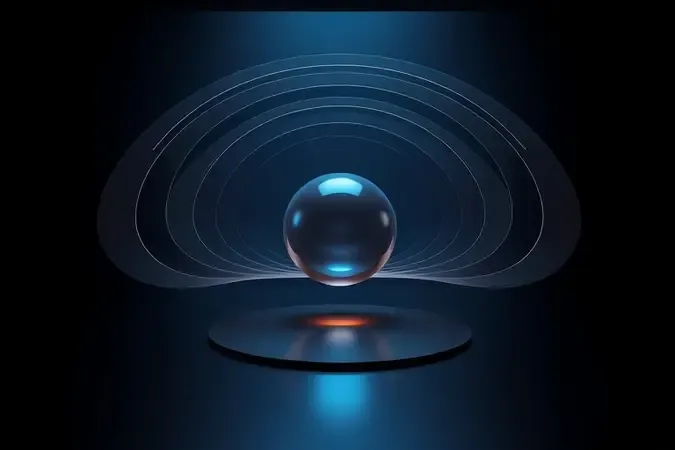 Render 3D conceitual de áudio espacial imersivo com ondas sonoras tridimensionais e canais de altura.