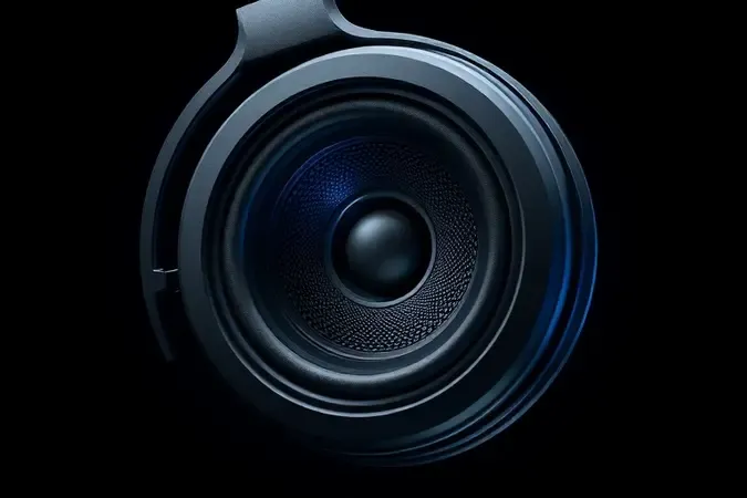 Renderização 3D em corte técnico mostrando driver de 45mm de fone over-ear com ondas sonoras conceituais em tons de azul profundo.
