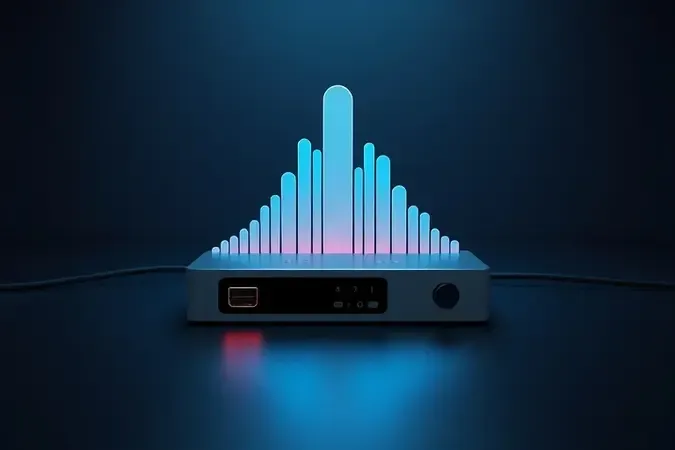 Render 3D abstrato de processamento de áudio digital com ondas sonoras e interface USB minimalista