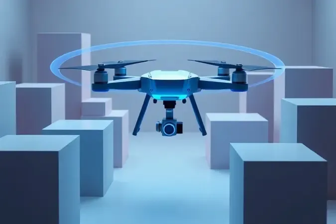 Conceito 3D de drone navegando entre obstáculos geométricos abstratos com feixes de sensores em azul suave