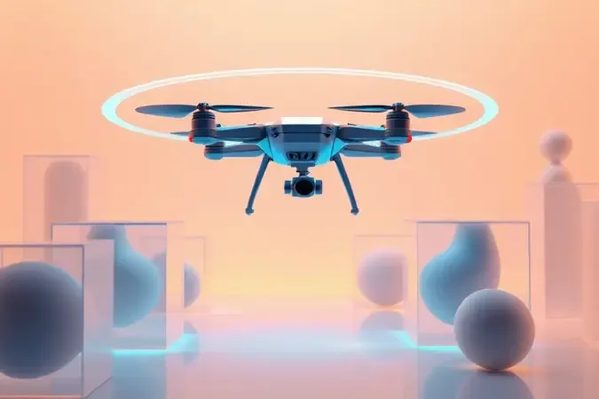 Render 3D conceitual de drone desviando de obstáculos geométricos com ondas de sensor para ilustrar tecnologia de detecção.