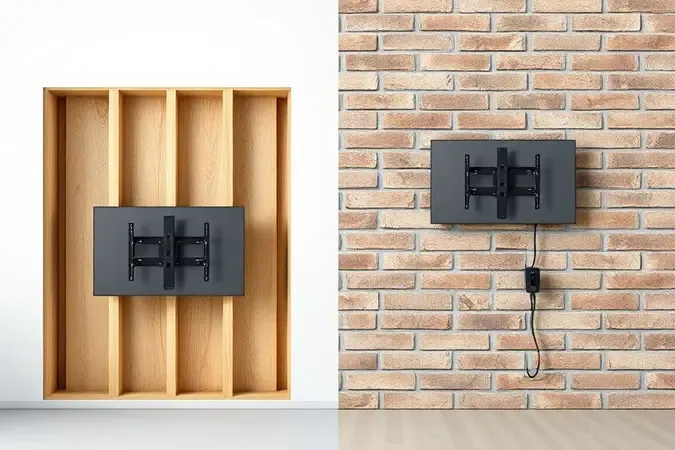 Render 3D comparando parede de drywall e alvenaria com suportes de TV montados em cada tipo de superfície.