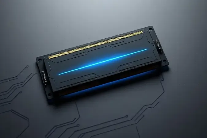 Render 3D conceitual de dois módulos RAM DDR4 em configuração dual channel em placa-mãe estilizada com traços luminosos.