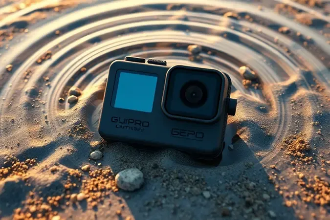 Render 3D de câmera de ação resistente sem marca submersa em água cristalina com areia e pedras, destacando durabilidade extrema.
