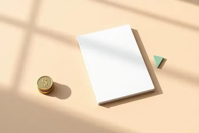 Renderização 3D conceitual de notebook com elementos abstratos representando economia e compra inteligente