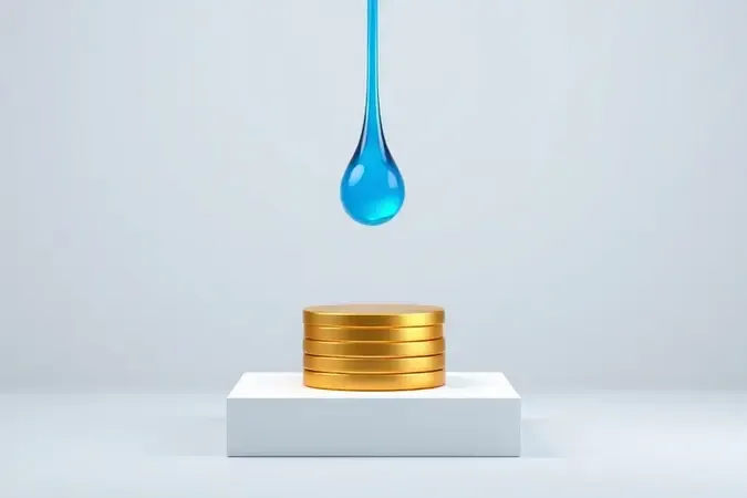 Render 3D conceitual sobre economia de tinta com gota de tinta e símbolos abstratos de redução de custos.