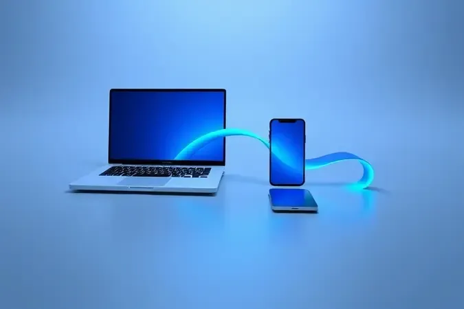Render 3D conceitual de notebook e smartphone conectados por luz abstrata simbolizando integração entre dispositivos e ecossistema.