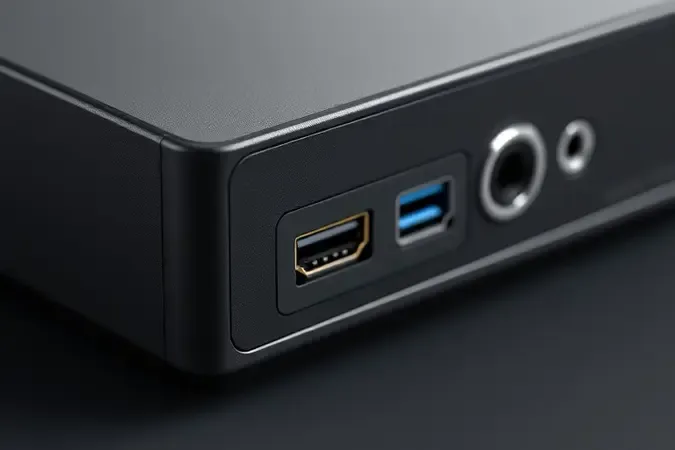 Detalhe em close 3D das entradas e conexões HDMI, USB-C e áudio de uma placa de captura moderna e genérica.