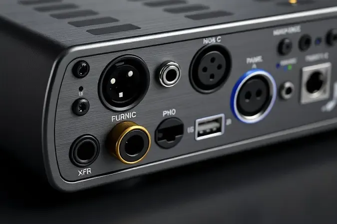 Close-up 3D das entradas e portas de uma interface de áudio USB moderna com conectores XLR e USB-C