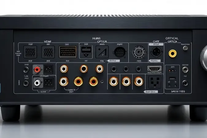 Renderização 3D conceitual das entradas traseiras de um receiver AV com portas HDMI e conexões de áudio.