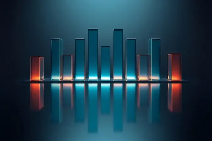 Render 3D de equalizador de áudio abstrato com barras geométricas translúcidas coloridas representando ajuste de som para jogos