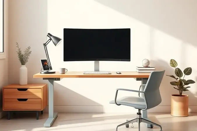 Configuração ergonômica de monitor curvo na altura ideal dos olhos em estação de trabalho moderna e minimalista.