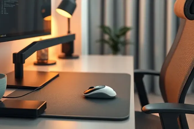 Setup ergonômico de home office com mouse escultural, monitor ajustável e iluminação ambiente aconchegante.