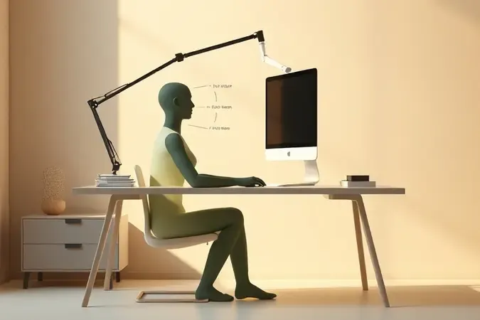 Renderização 3D conceitual mostrando ergonomia ideal com braço articulado para monitor e postura correta no escritório