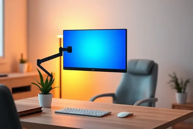 Espaço de trabalho ergonômico com monitor de 27 polegadas em braço articulado e iluminação confortável para os olhos.