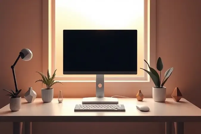 Renderização 3D de espaço de trabalho ergonômico com monitor 24 polegadas em mesa minimalista e acessórios abstratos com iluminação natural.