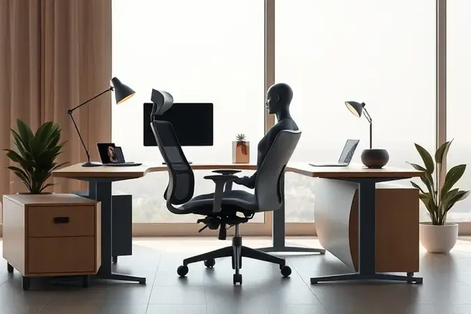 Ambiente de trabalho ergonômico com mesa em L, monitor ajustável, cadeira com suporte lombar e iluminação profissional.