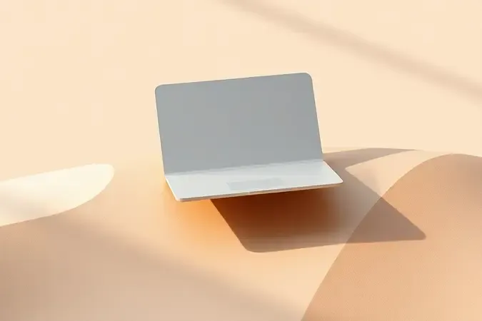 Renderização 3D de notebook ultrafino flutuante representando portabilidade e design ergonômico para rotina docente.