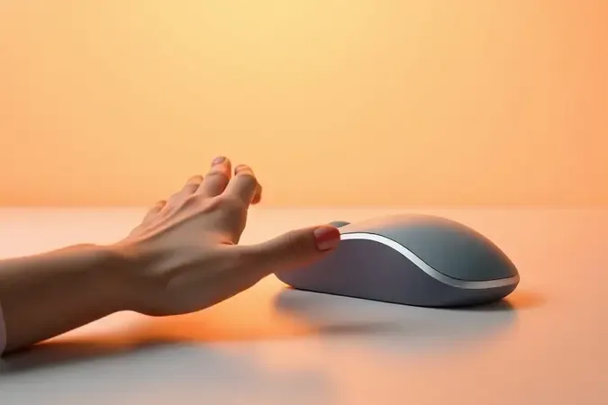 Render 3D conceitual de mouse ergonômico com punho em posição neutra enfatizando conforto e prevenção de lesões para jogadores de FPS