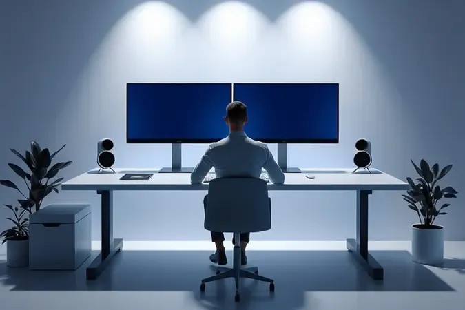 Render 3D de estação de trabalho ergonômica com múltiplos monitores e postura correta para uso prolongado.