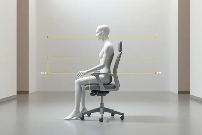 Render 3D conceitual de postura ergonômica correta com indicadores geométricos, representando as normas NR-17 para cadeiras de escritório.
