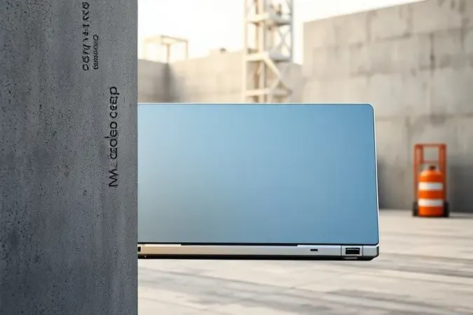 Renderização 3D conceitual de notebook ultrafino portátil em ambiente de obra com iluminação natural e design ergonômico.