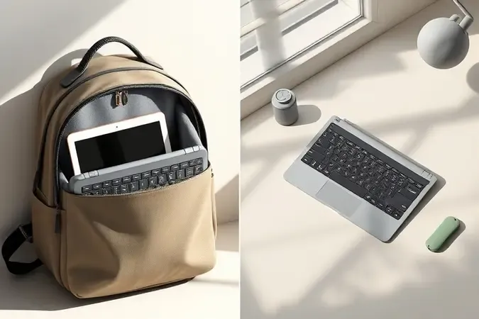 Render 3D conceitual de teclado compacto portátil em mochila e posicionado ergonomicamente em mesa com iluminação natural suave