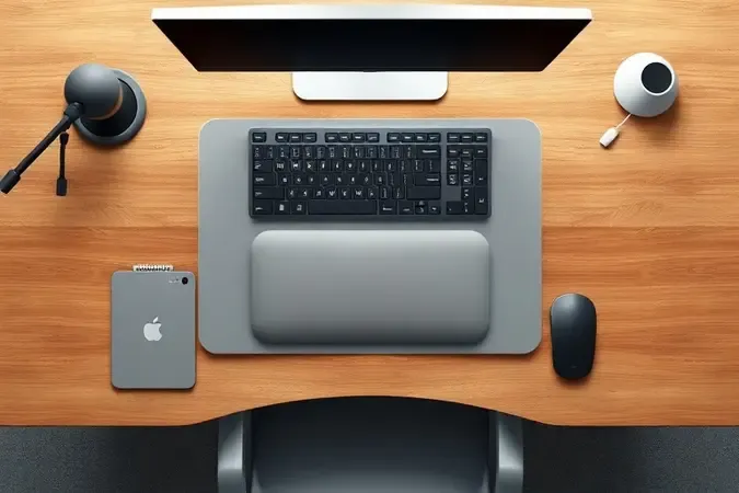 Vista superior de teclado ergonomicamente posicionado em mesa de home office com apoio de pulso e monitor alinhado.