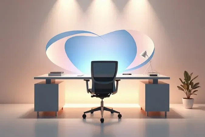 Render 3D conceitual mostrando a relação entre cadeira ergonômica e produtividade no escritório
