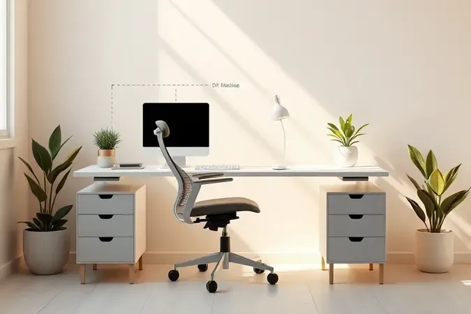 Renderização 3D de estação de trabalho ergonômica com cadeira ajustável e linhas geométricas sutis representando alinhamento postural adequado.