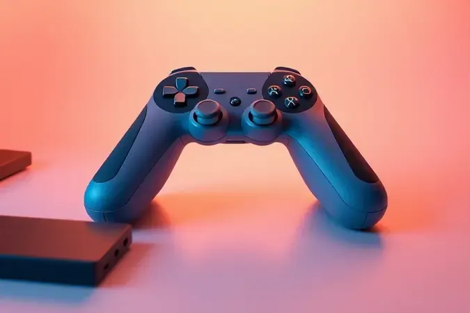 Renderização 3D conceitual de controle ergonômico com elementos visuais abstratos sugerindo postura saudável durante jogos.