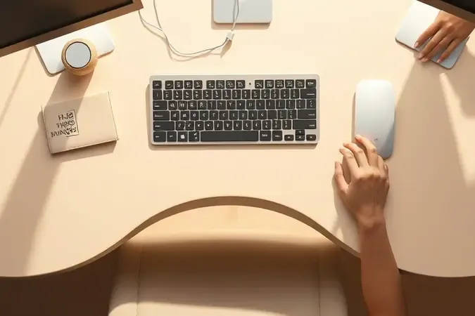 Render 3D de setup ergonômico com teclado e acessórios para digitação confortável no Macbook