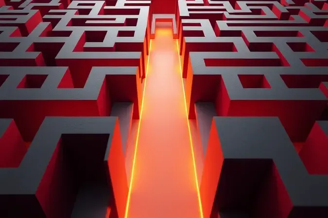 Estrutura abstrata em formato de labirinto com caminho iluminado representando erros comuns na escolha de notebooks corporativos.