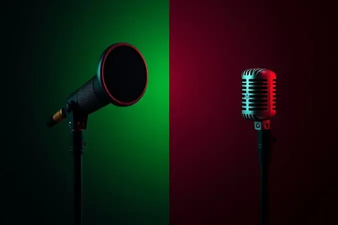 Composição conceitual 3D dividida comparando uso correto com filtro pop e uso incorreto de microfone gamer sem marca.