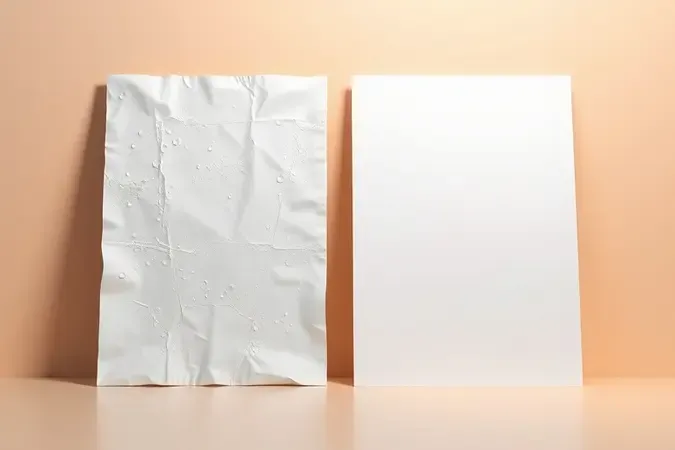 Composição conceitual 3D contrastando documento plastificado com bolhas e imperfeições ao lado de um laminado perfeito e liso.