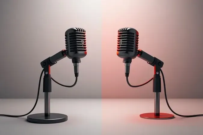 Ilustração conceitual 3D de erro de posicionamento de microfone com indicador vermelho contrastando com setup correto ao fundo.