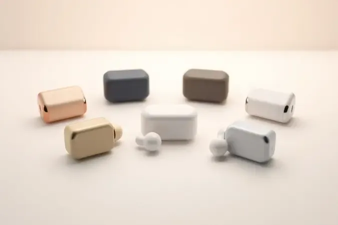 Composição 3D conceitual com silhuetas abstratas de fones intra-auriculares sem fio sobre superfície minimalista representando escolha e comparação.