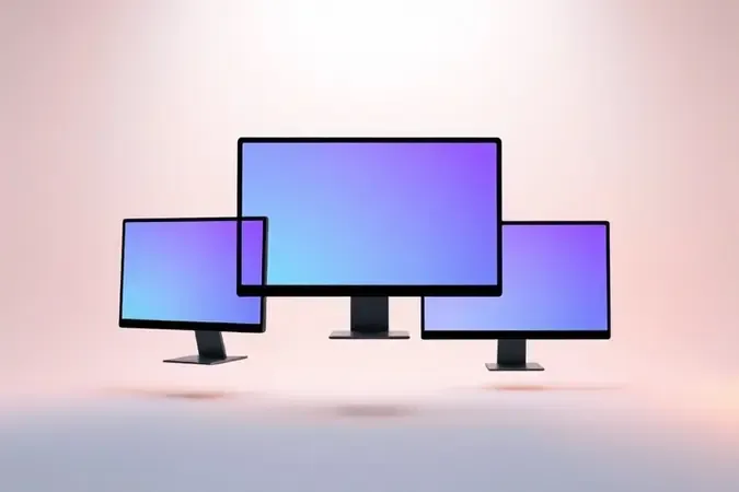 Três monitores conceituais de tamanhos diferentes flutuando em espaço minimalista, representando escolha de monitor gamer ideal.