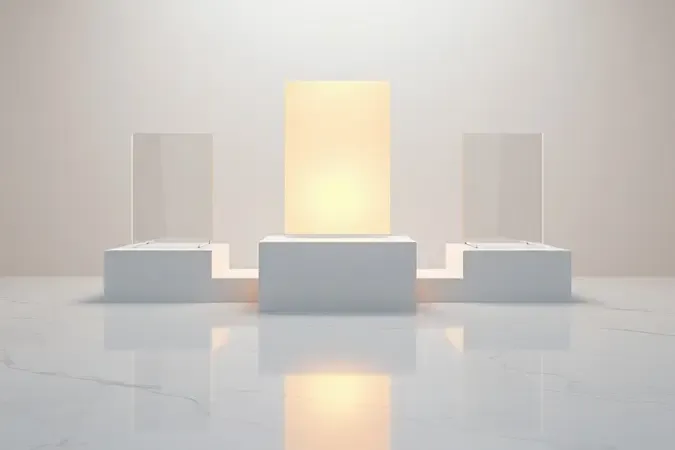 Composição 3D abstrata com painéis geométricos translúcidos flutuantes e um painel iluminado em destaque simbolizando a escolha tecnológica certa para negócios.