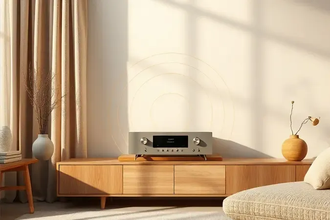 Render 3D de interior moderno com amplificador de som ambiente minimalista e ondas sonoras abstratas