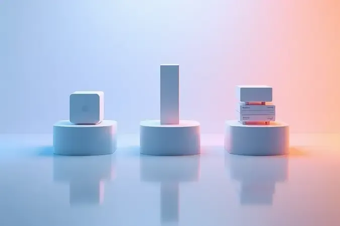 Composição 3D conceitual com formas geométricas abstratas flutuantes representando escolha de componentes de computador em ambiente minimalista.