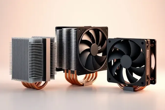 Conceito 3D de diferentes tamanhos de coolers para processador em composição minimalista.
