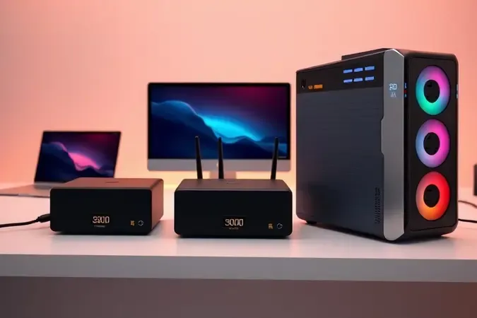 Renderização 3D de três estabilizadores de diferentes potências alinhados com equipamentos correspondentes para auxiliar na escolha ideal