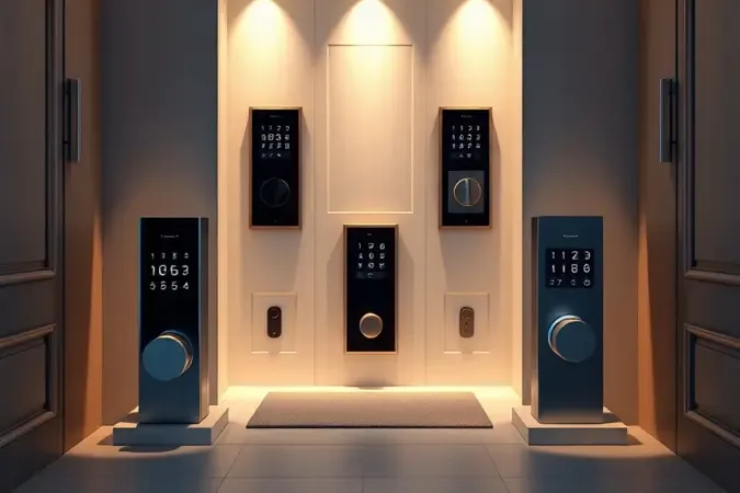 Composição 3D conceitual de diferentes estilos de fechaduras digitais em ambiente residencial minimalista e sofisticado.