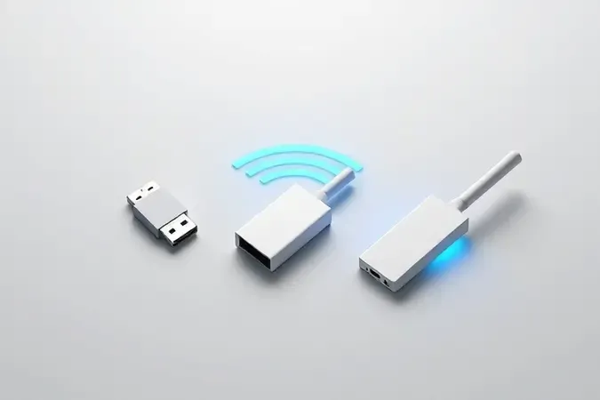 Conceito 3D com diferentes formatos de adaptadores Wi-Fi lado a lado, auxiliando visualmente na escolha do modelo mais adequado.