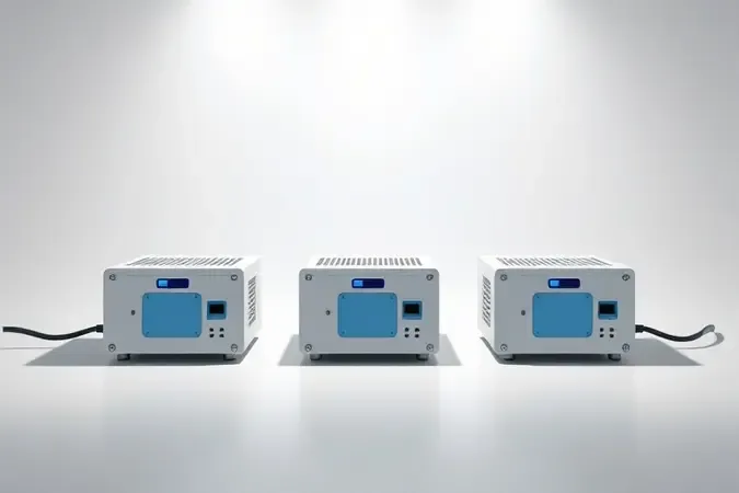 Render 3D conceitual ilustrando o processo de escolha entre diferentes opções de fonte de alimentação para PC.