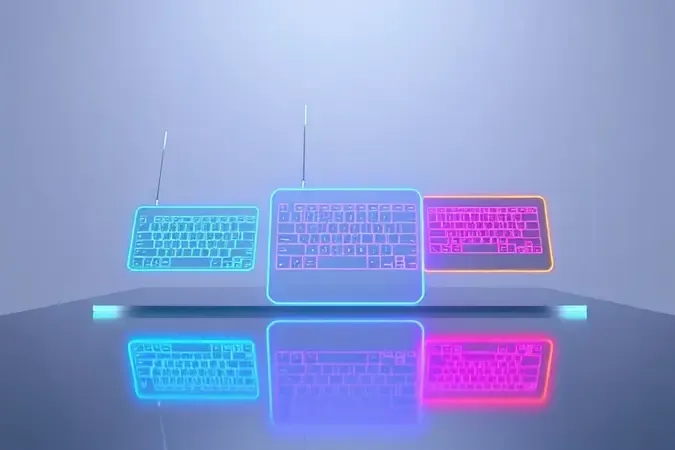 Render 3D conceitual com três silhuetas de teclados gamer em diferentes tamanhos com iluminação RGB sobre superfície reflexiva