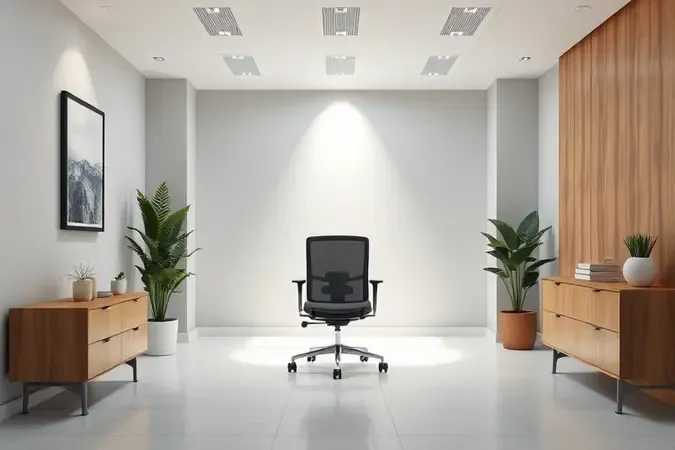 Escritório moderno com cadeira ergonômica central destacando conforto e design profissional