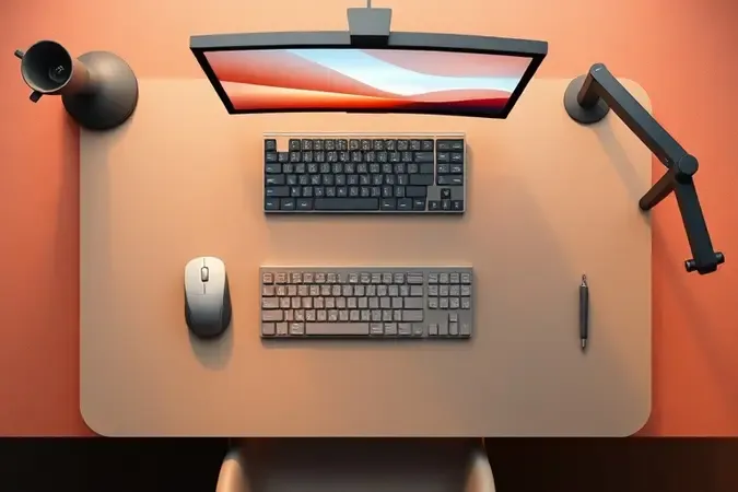 Render 3D vista superior de mesa de trabalho ergonômica com mouse vertical, teclado dividido e monitor bem posicionados.